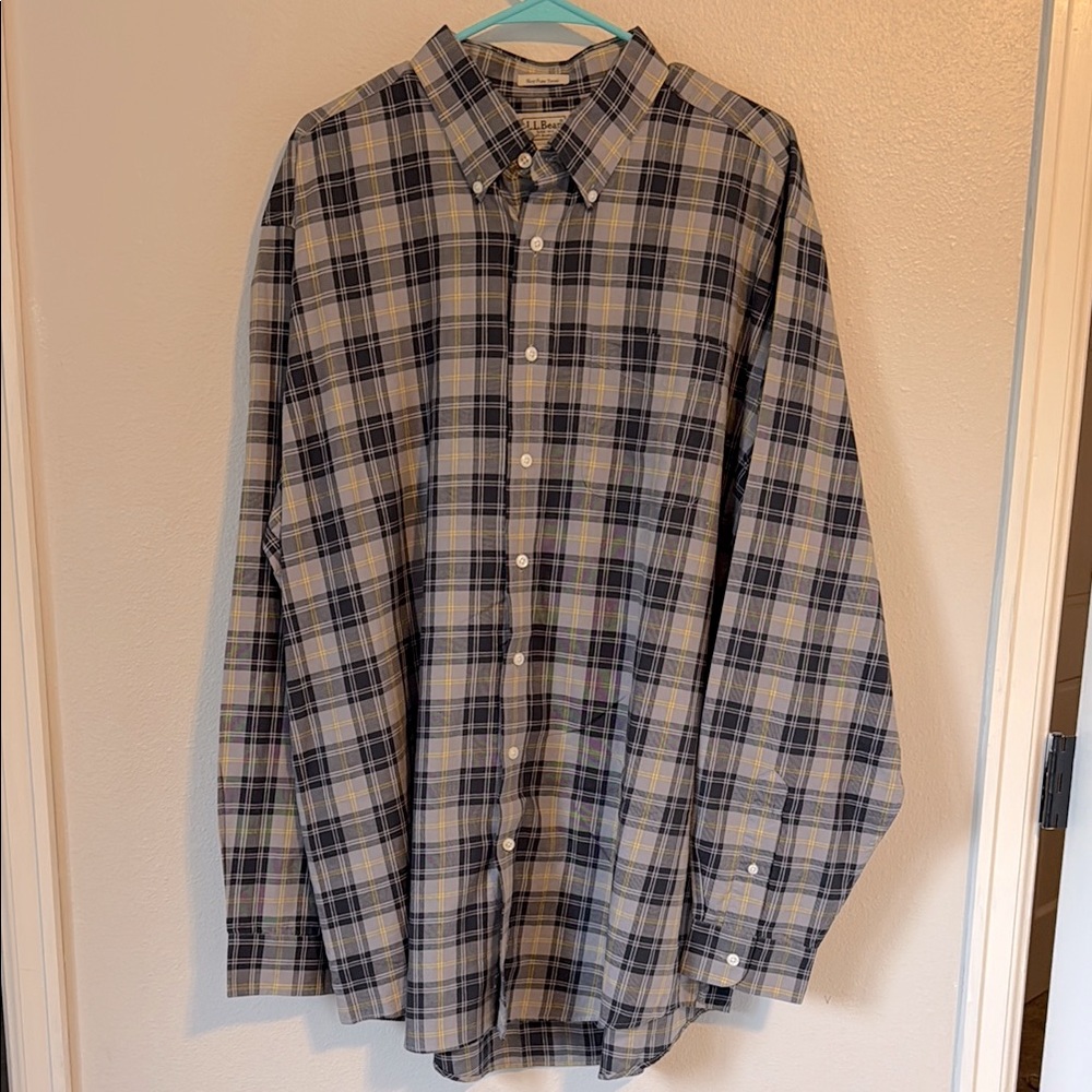 L.L. Bean West Point Tartan Plaid Button Down Shirt Black Grey Yellow XL Tall